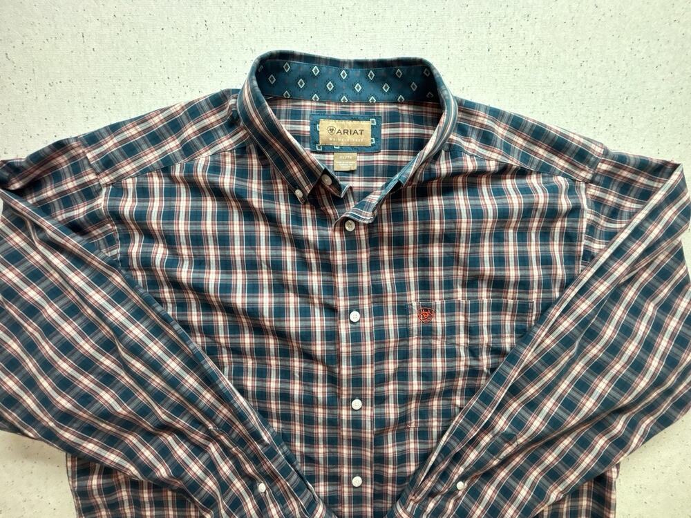 Ariat Wrinkle Free Shirt Mens XL Teal Plaid Contrast Cuff Long Sleeve